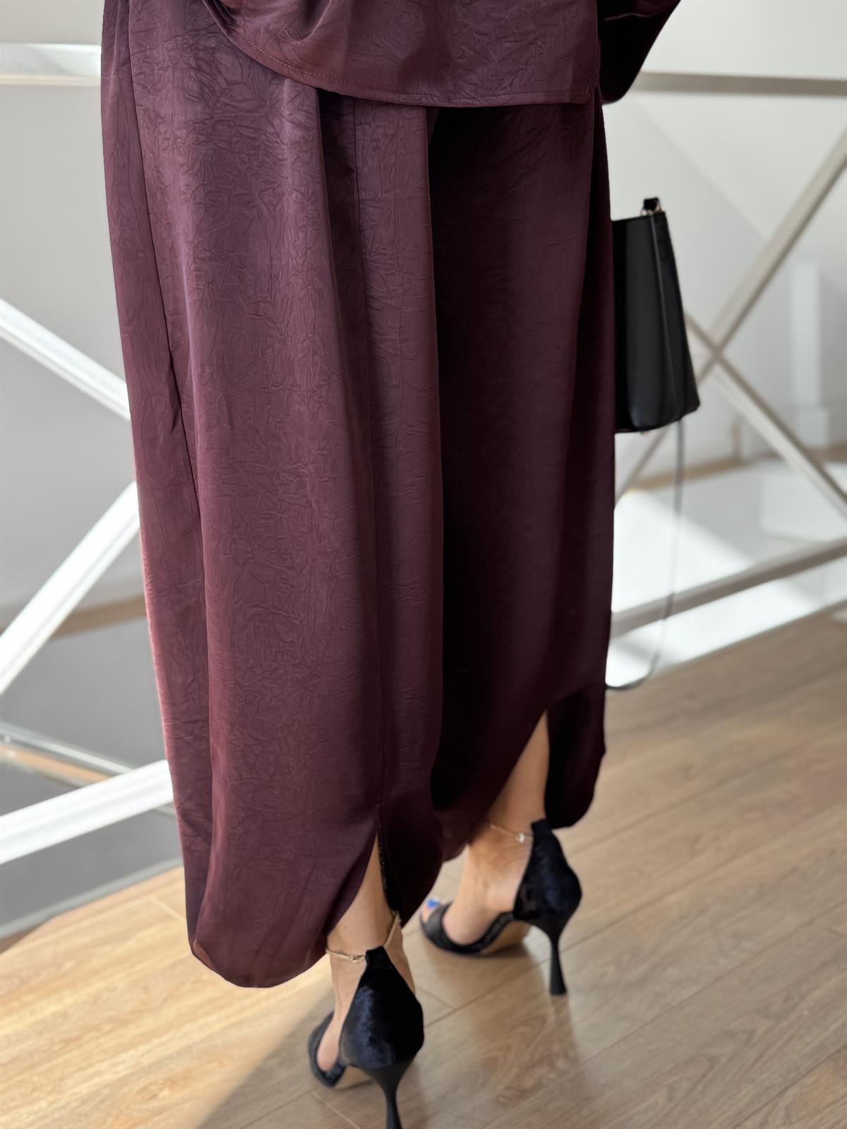 Beli lastikli Saten Şalvar Pantolon - Mürdüm