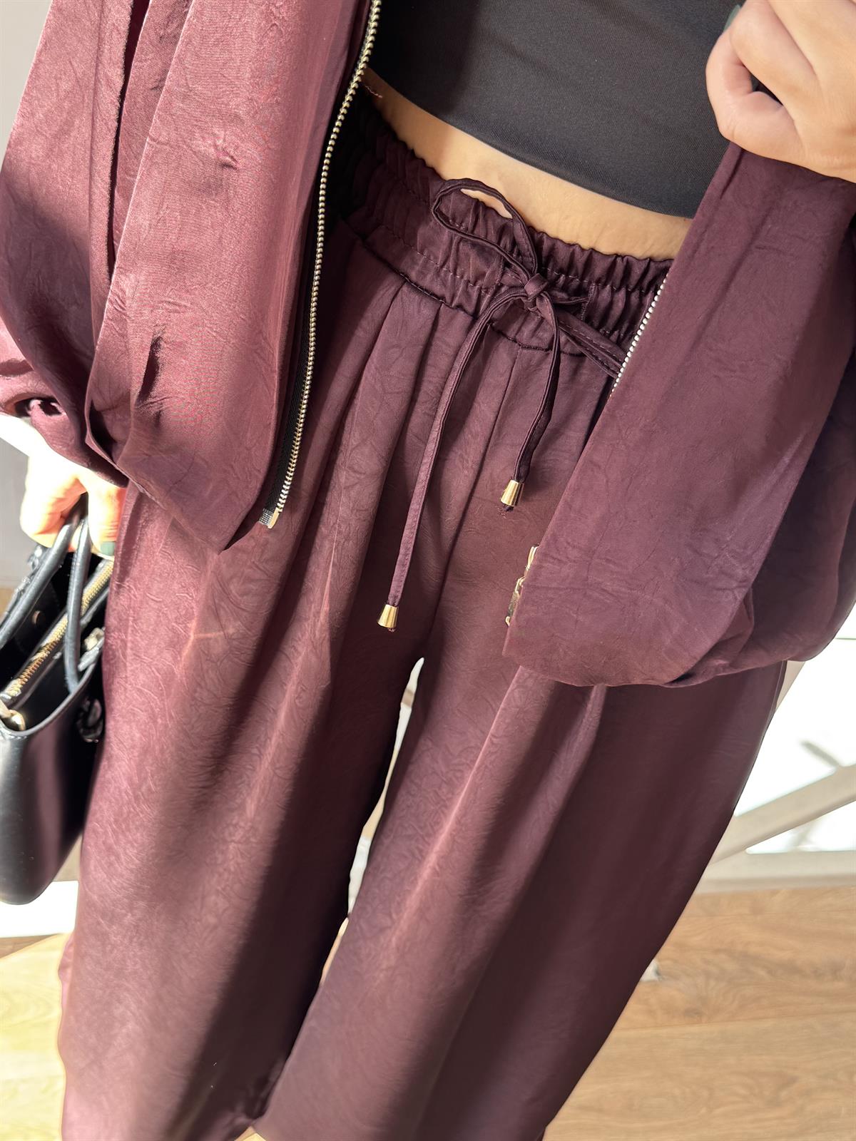 Beli lastikli Saten Şalvar Pantolon - Mürdüm