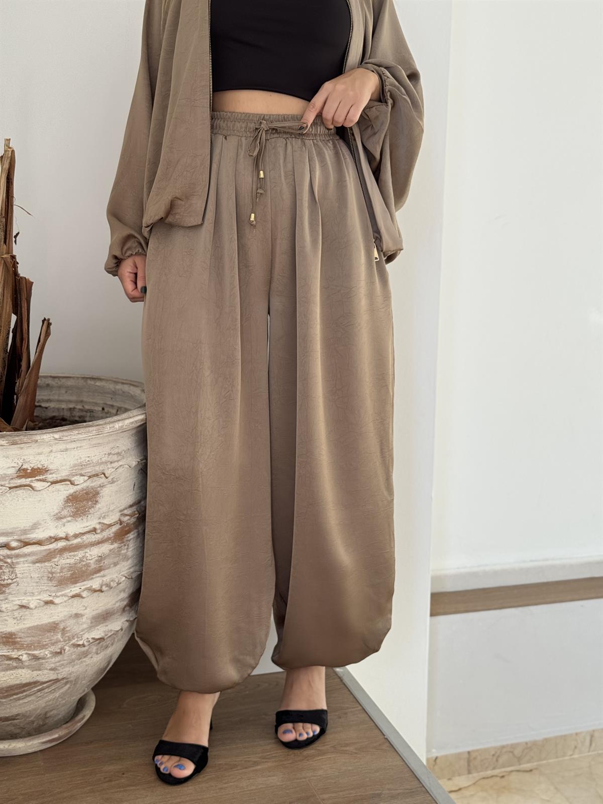 Beli lastikli Saten Şalvar Pantolon - Vizon