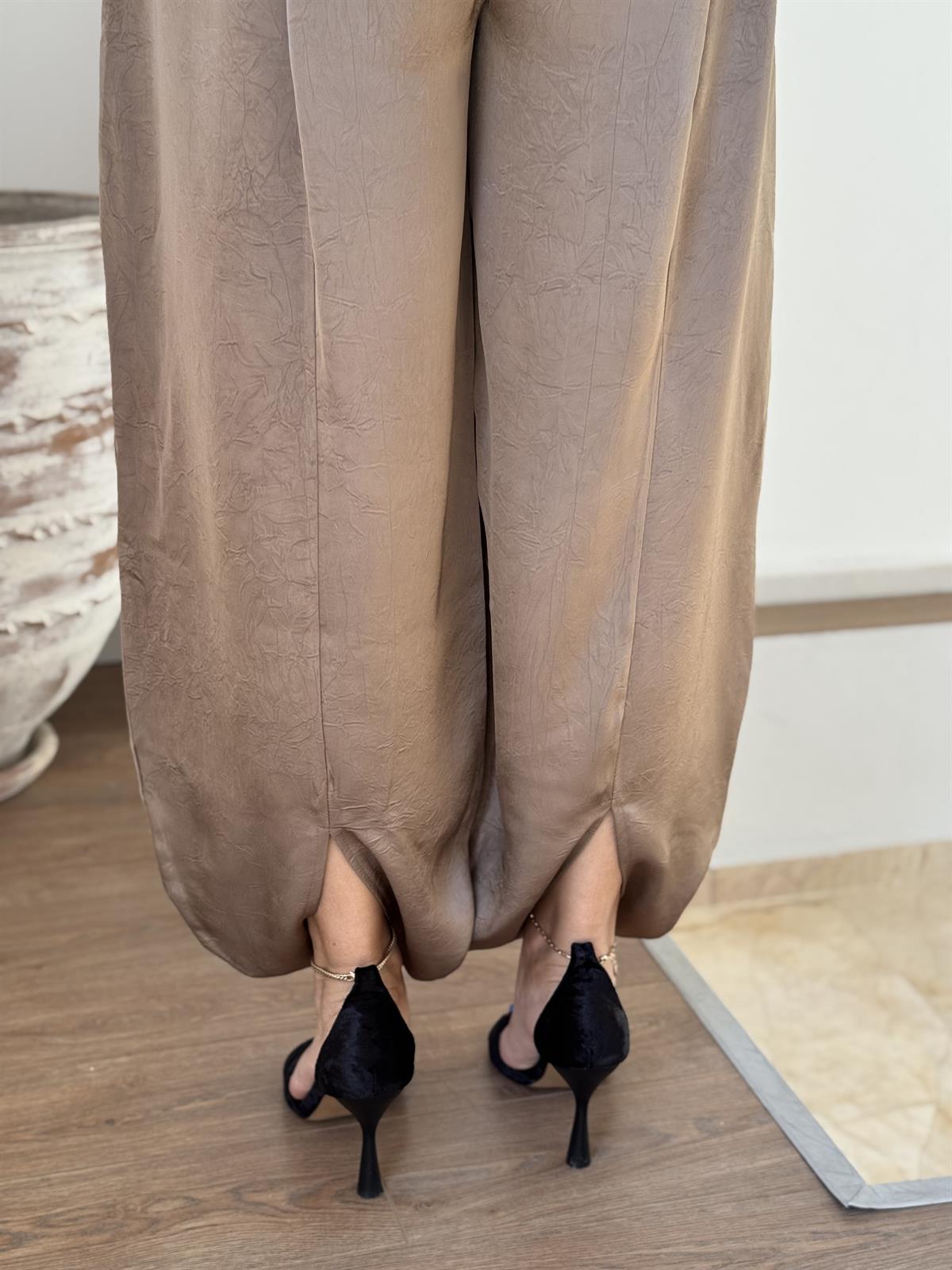 Beli lastikli Saten Şalvar Pantolon - Vizon