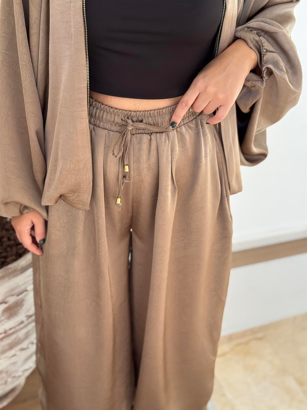 Beli lastikli Saten Şalvar Pantolon - Vizon