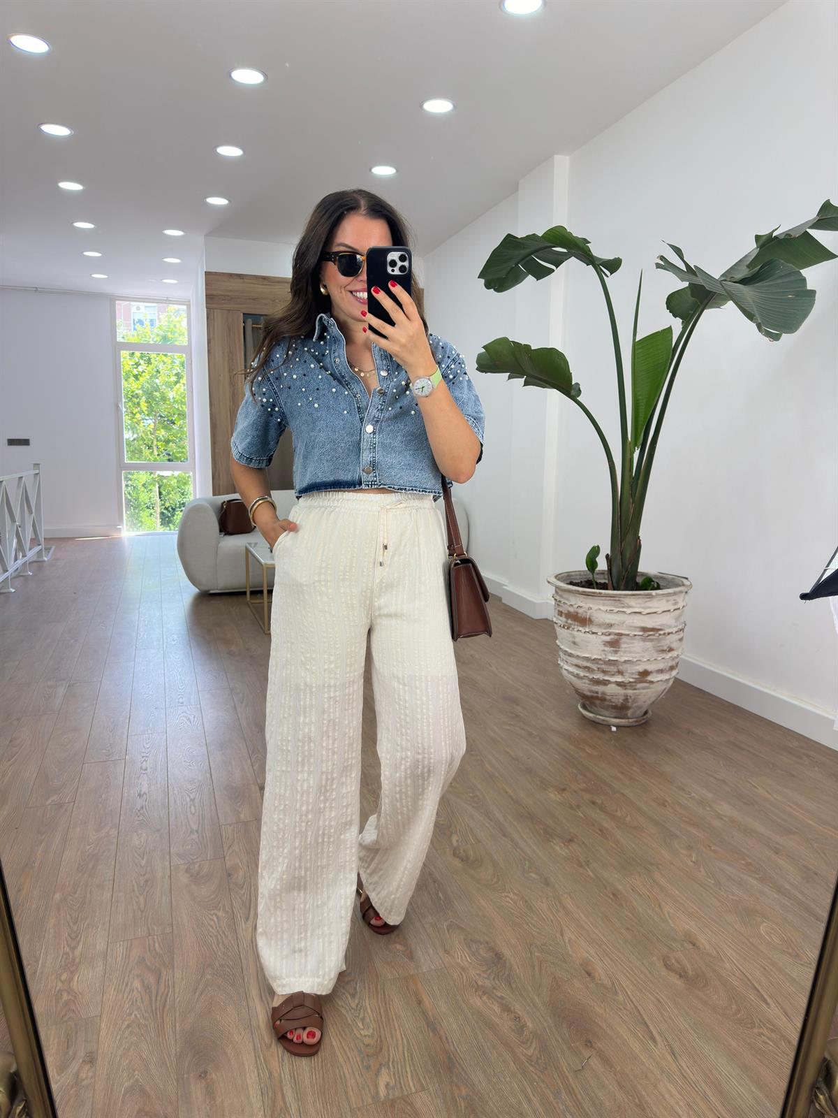 Beli Lastikli Simli Bol Paça Pantolon