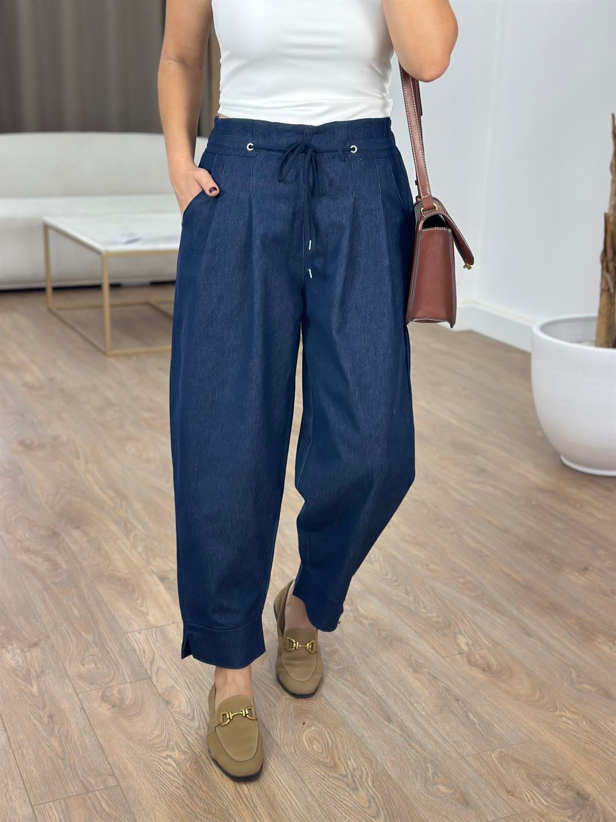 Beli Lastikli Bağcıklı Denim Pantolon