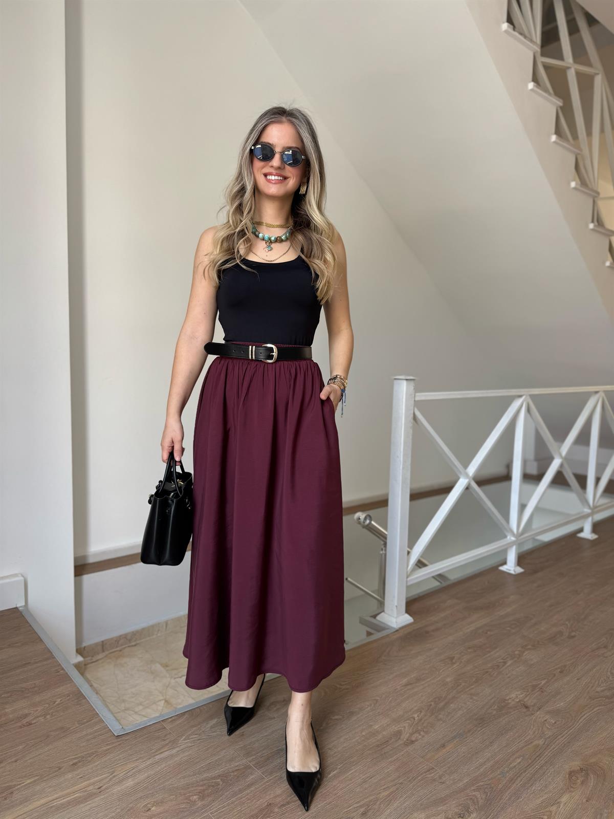 Beli Lastikli Tensel Maxi Etek - Bordo