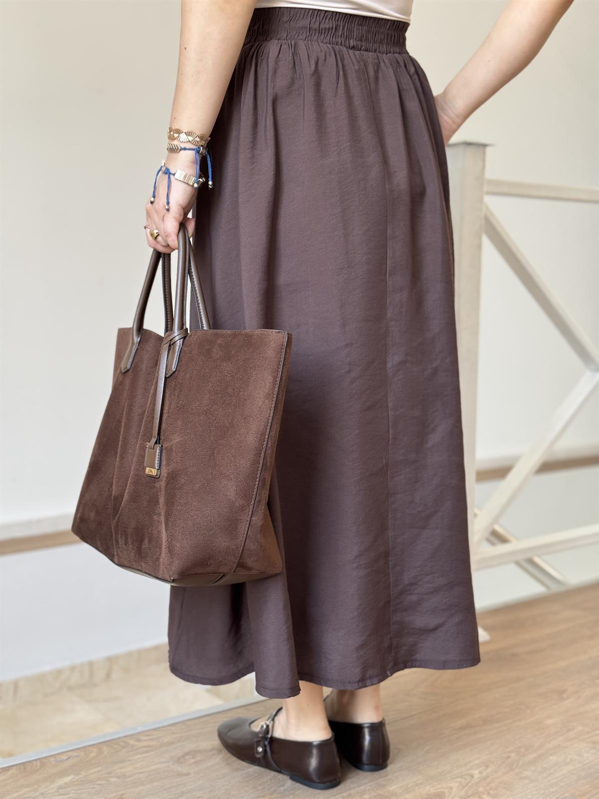 Beli Lastikli Tensel Maxi Etek - Kahverengi