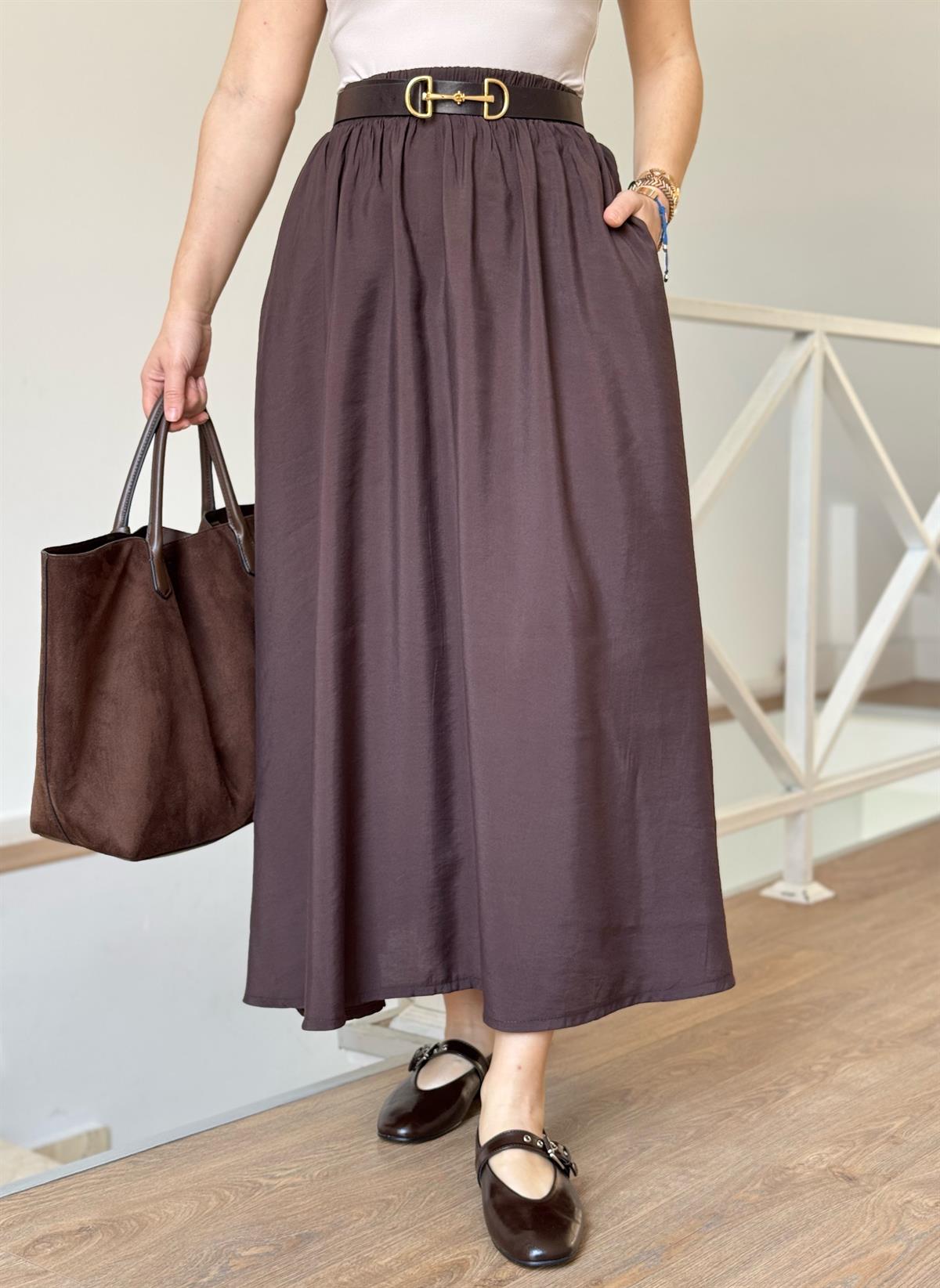 Beli Lastikli Tensel Maxi Etek - Kahverengi