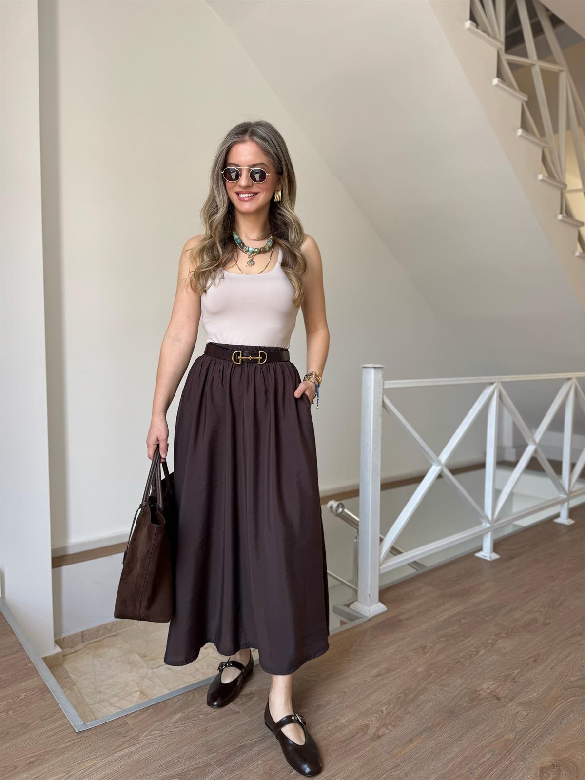 Beli Lastikli Tensel Maxi Etek - Kahverengi