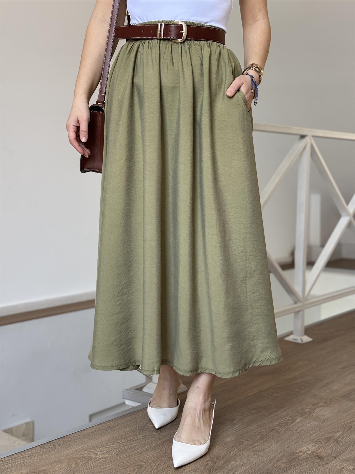 Beli Lastikli Tensel Maxi Etek - Yağ Yeşili