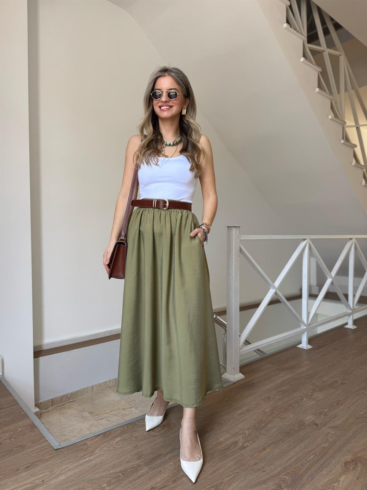 Beli Lastikli Tensel Maxi Etek - Yağ Yeşili