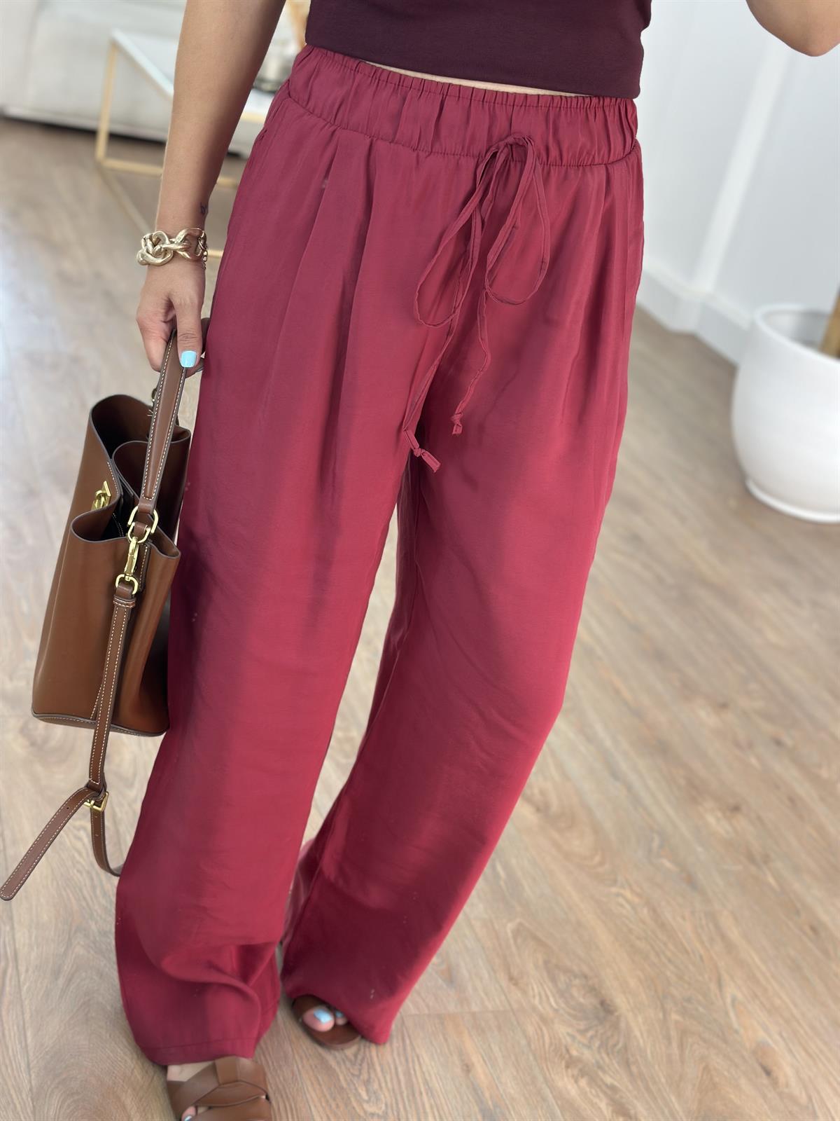 Beli Lastikli Tensel Pantolon - Bordo