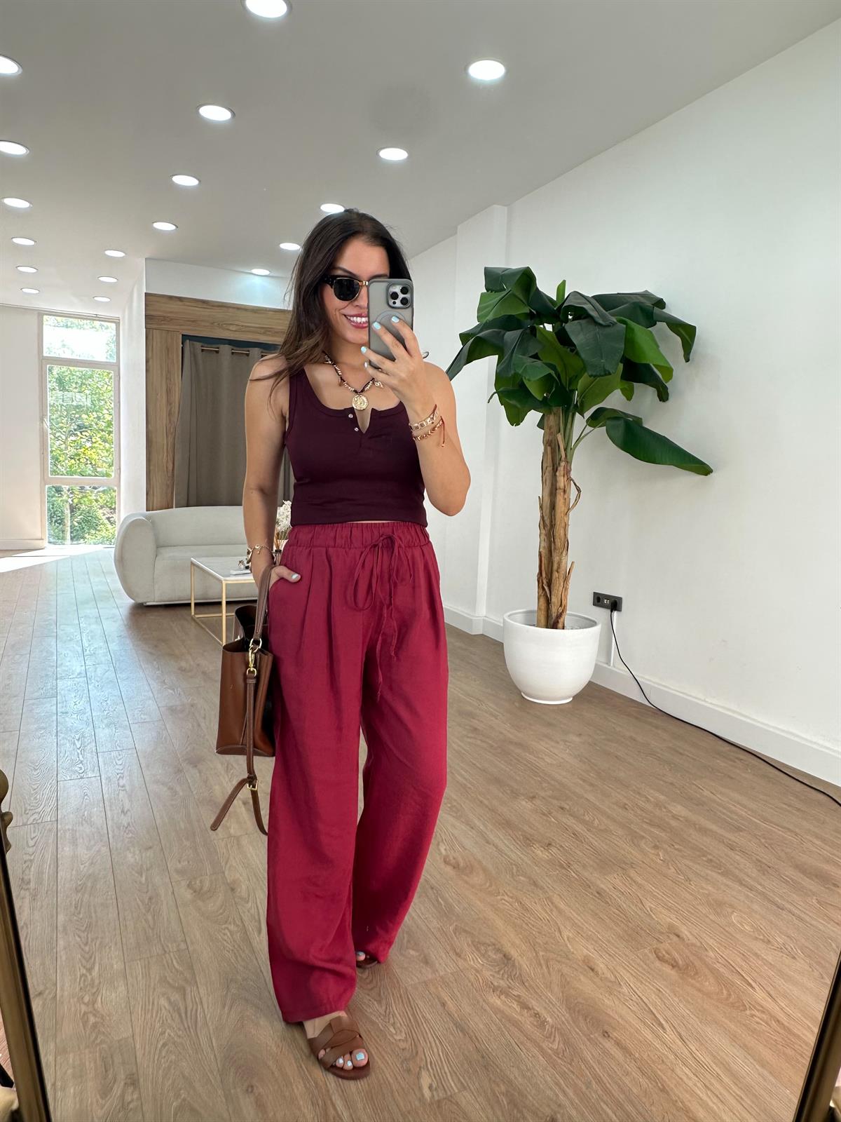 Beli Lastikli Tensel Pantolon - Bordo