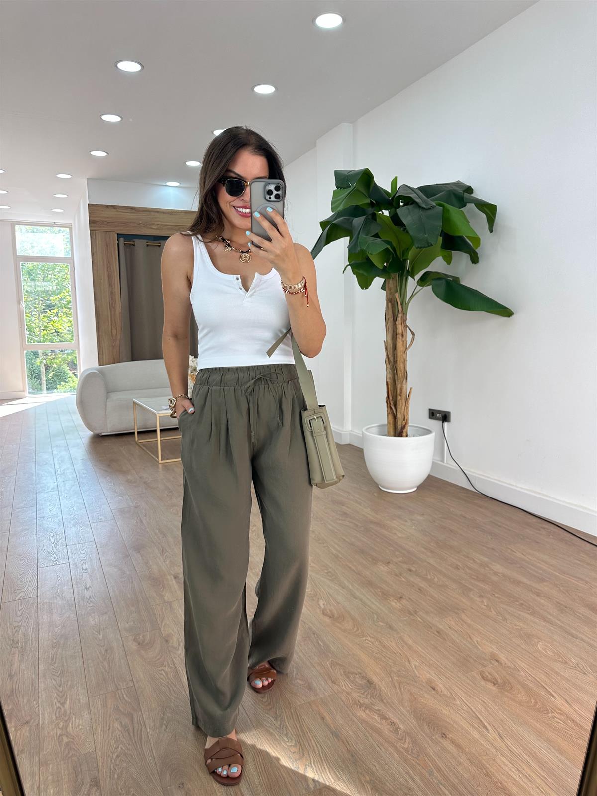 Beli Lastikli Tensel Pantolon - Haki