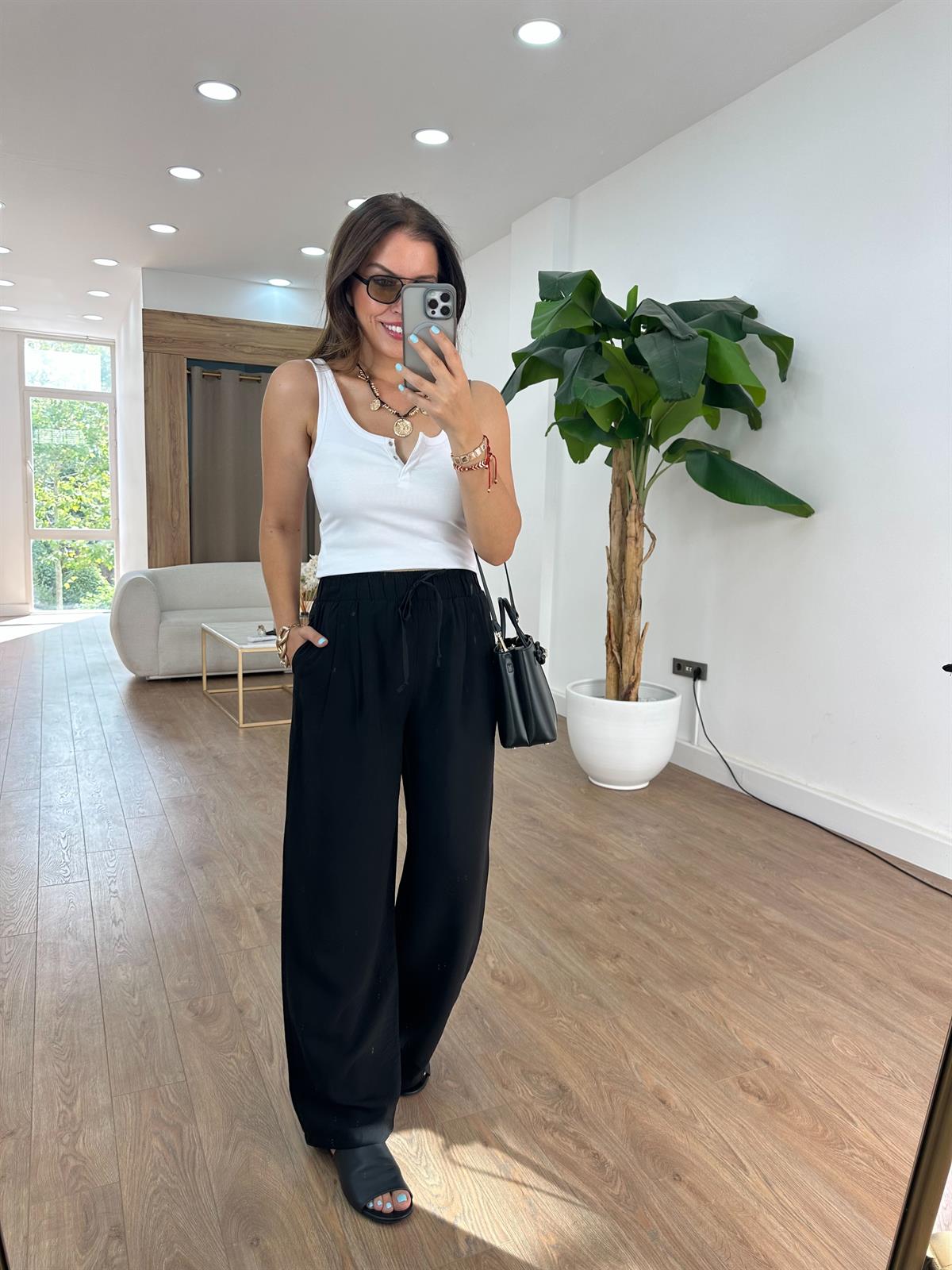 Beli Lastikli Tensel Pantolon - Siyah