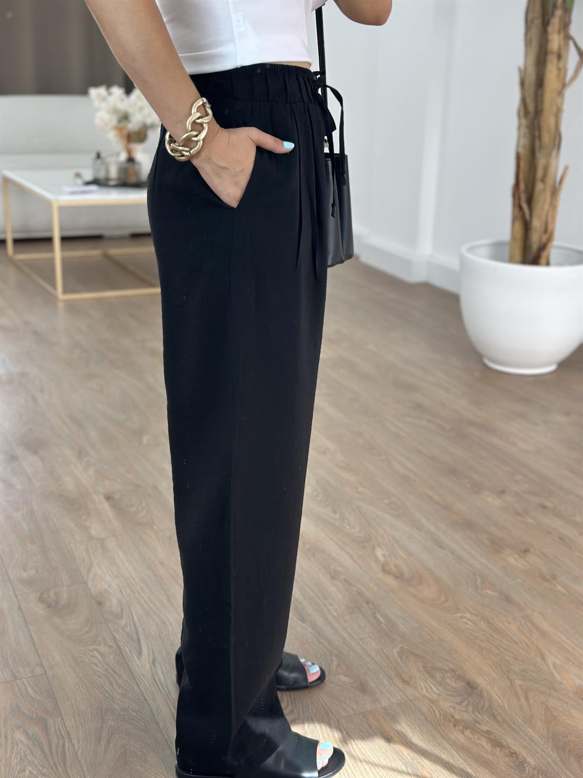 Beli Lastikli Tensel Pantolon - Siyah