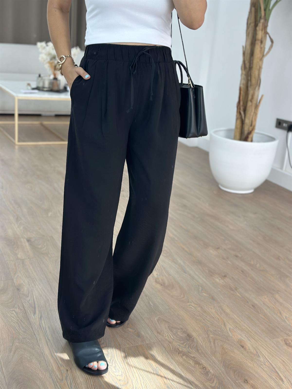 Beli Lastikli Tensel Pantolon - Siyah