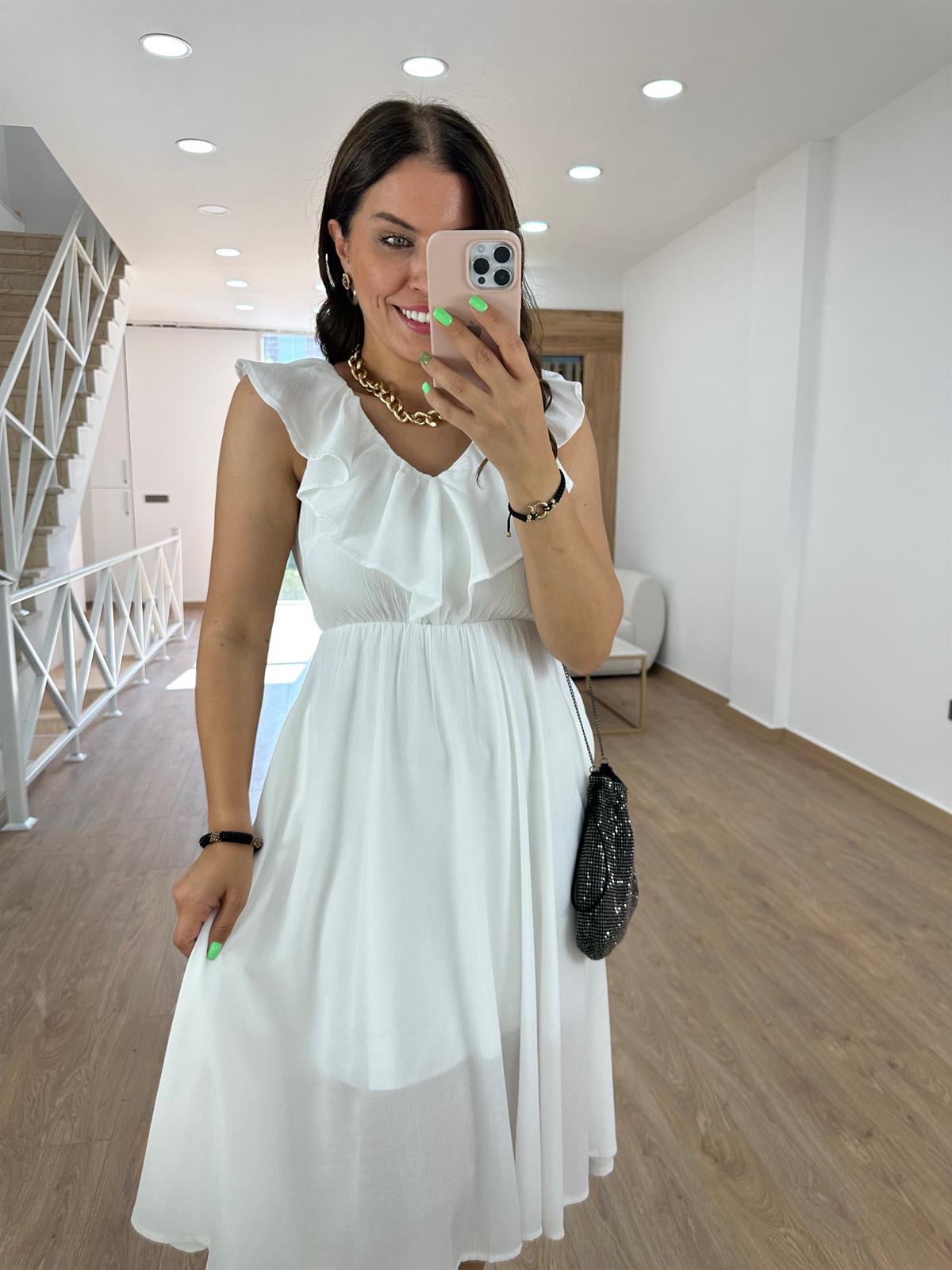 Beli Lastikli Volanlı Elbise-Ekru