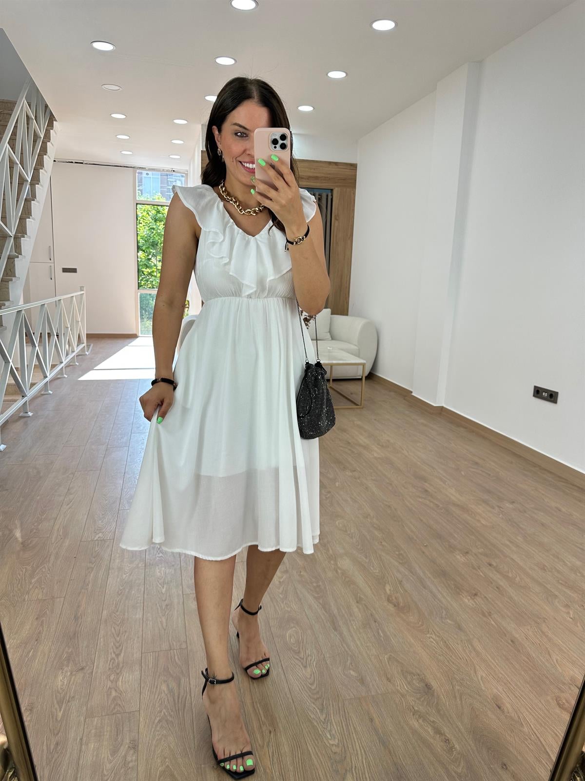 Beli Lastikli Volanlı Elbise-Ekru