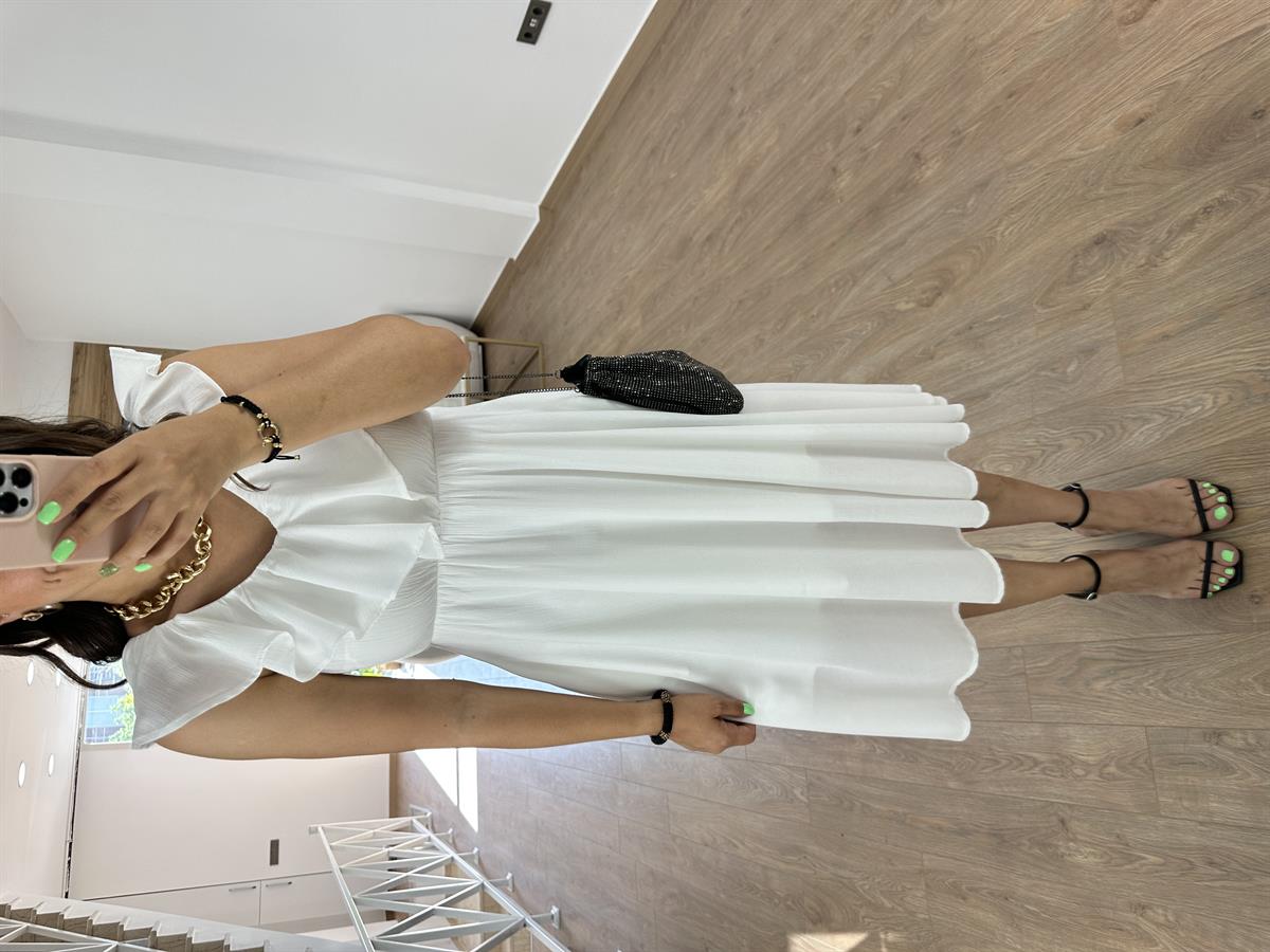 Beli Lastikli Volanlı Elbise-Ekru