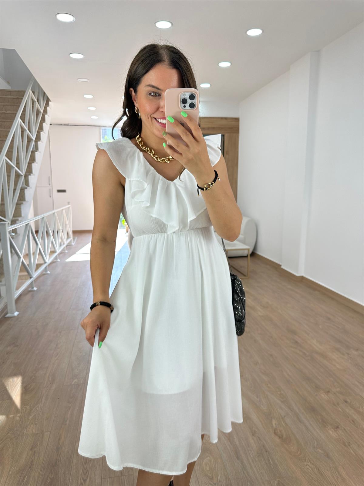 Beli Lastikli Volanlı Elbise-Ekru