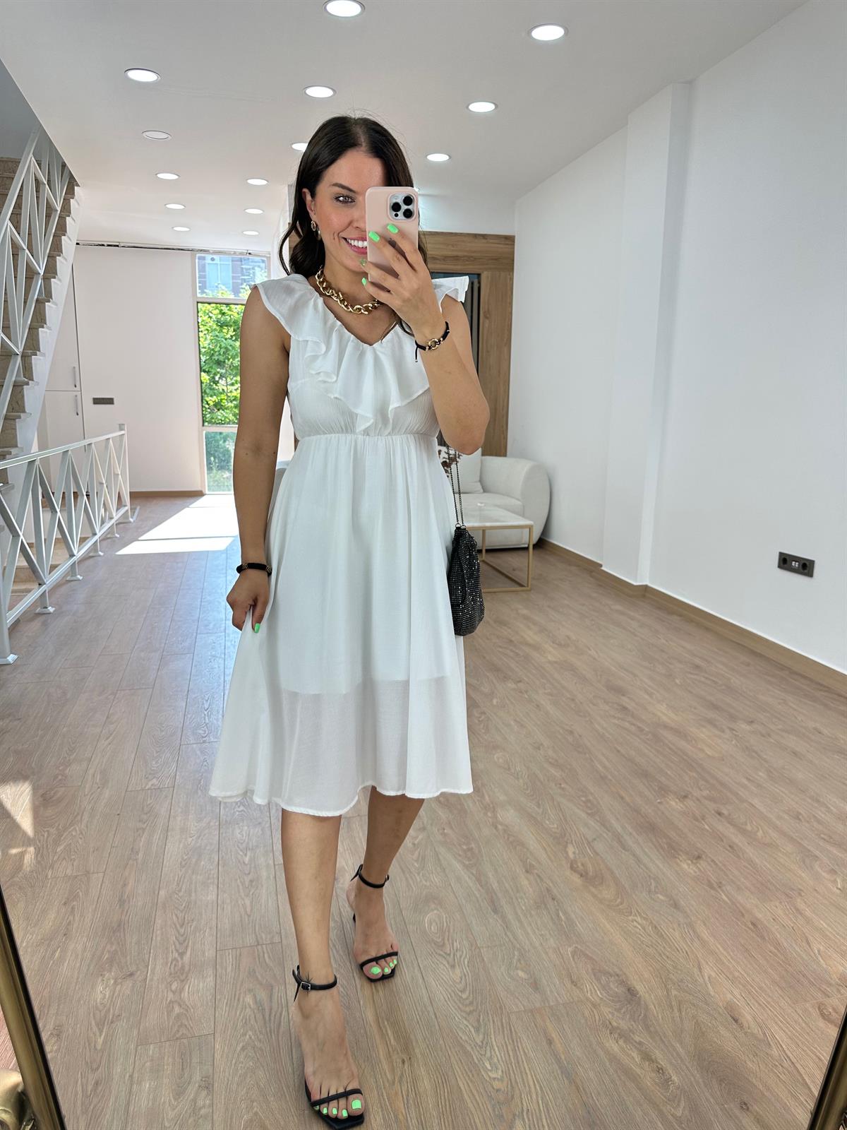 Beli Lastikli Volanlı Elbise-Ekru