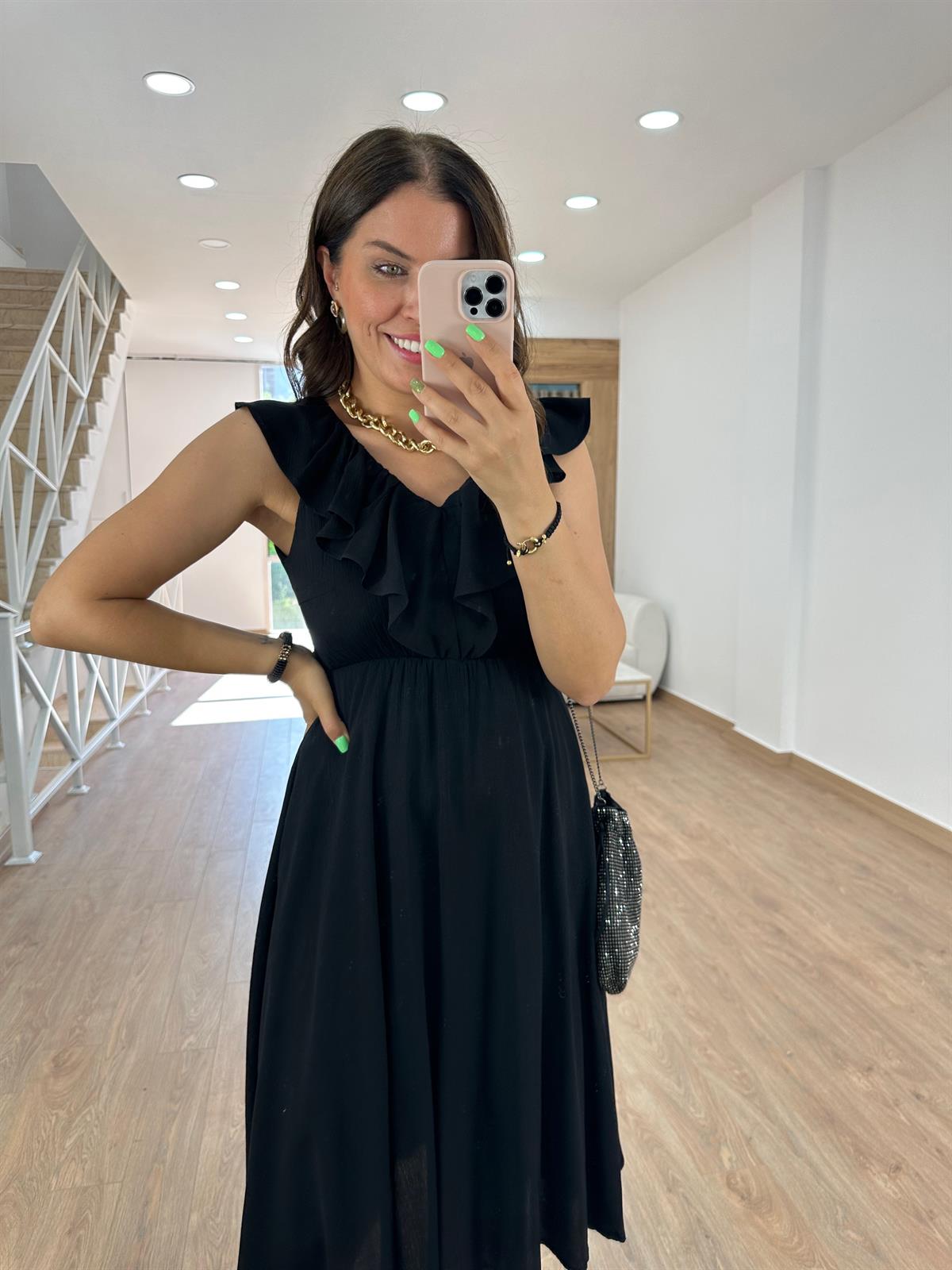 Beli Lastikli Volanlı Elbise-Siyah