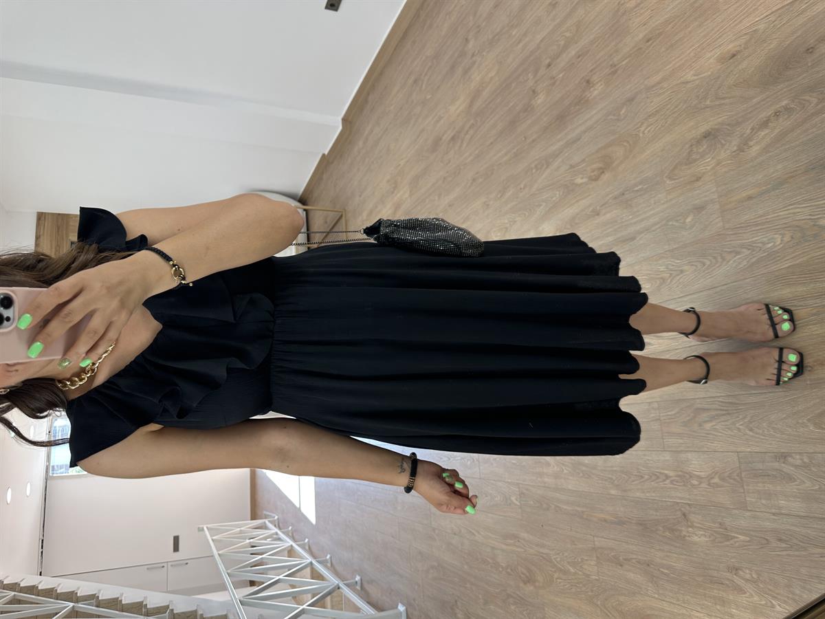 Beli Lastikli Volanlı Elbise-Siyah