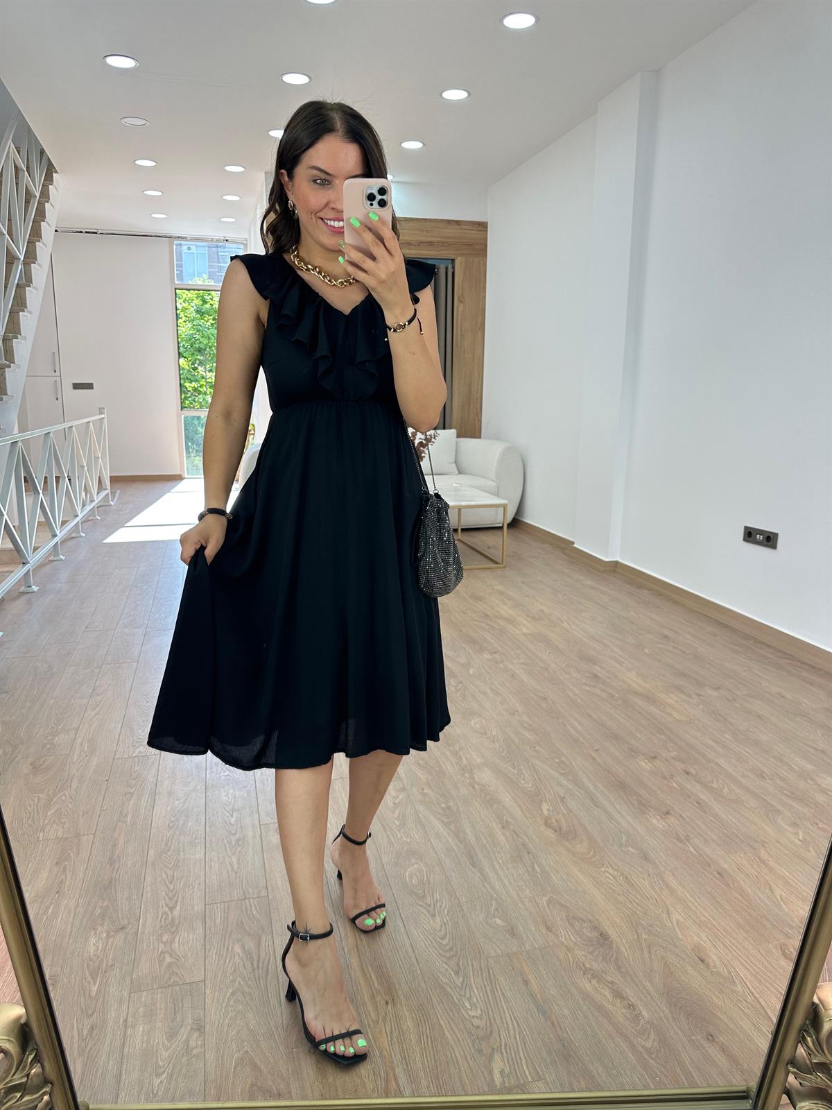 Beli Lastikli Volanlı Elbise-Siyah