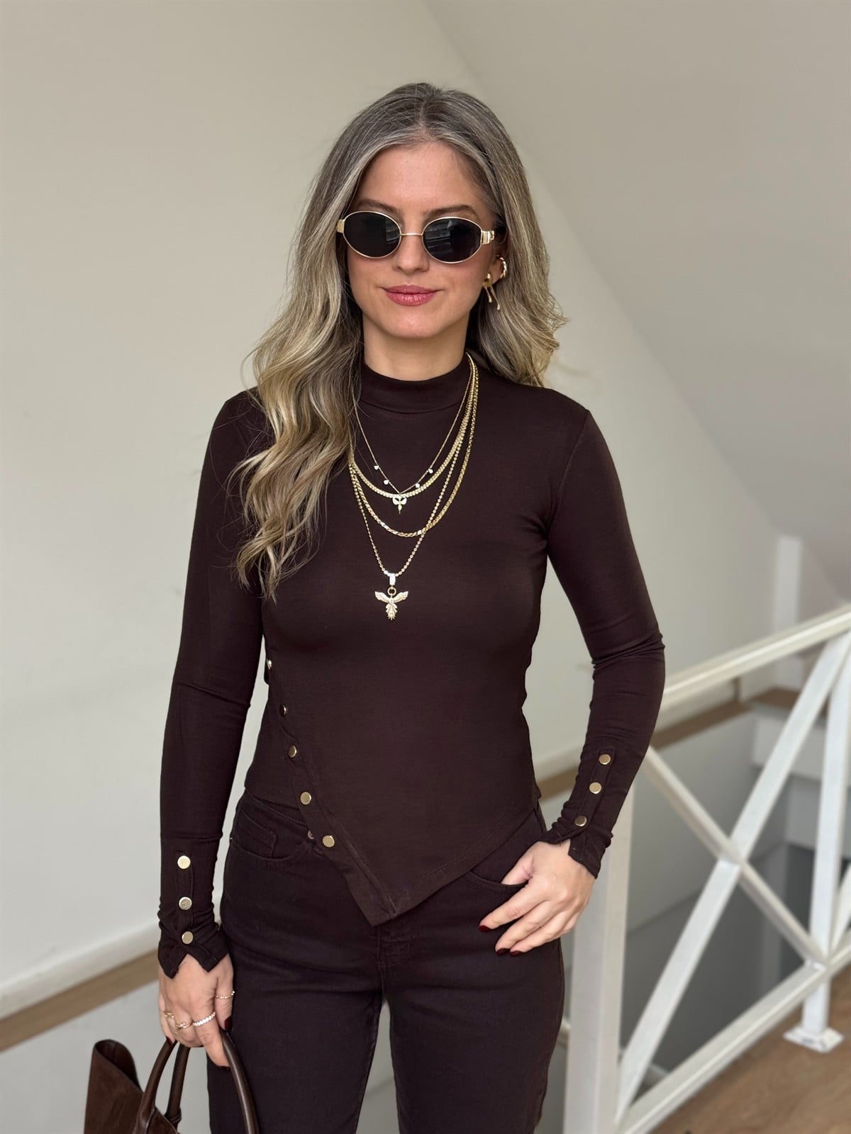 Beli ve Kolu Gold Düğmeli Bluz - Kahverengi