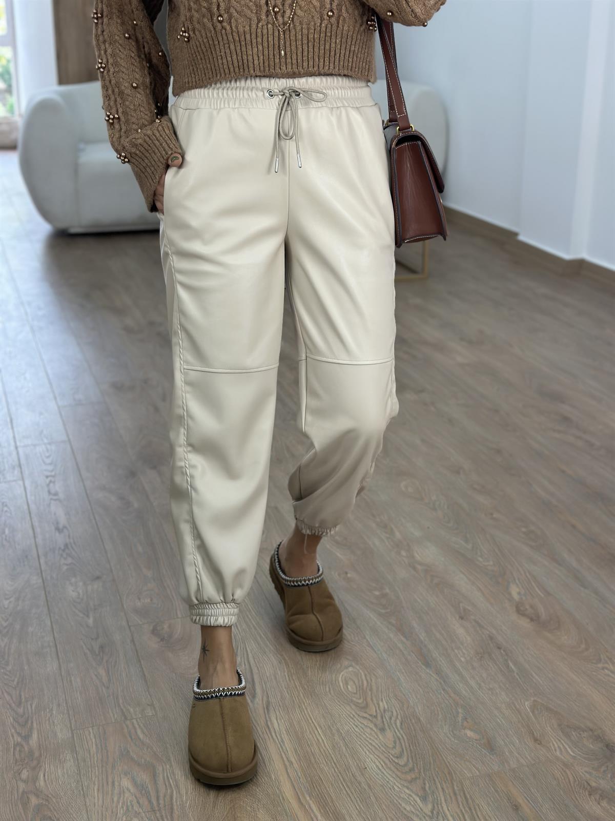 Beli Ve Paçası Lastikli Deri Pantolon-Taş