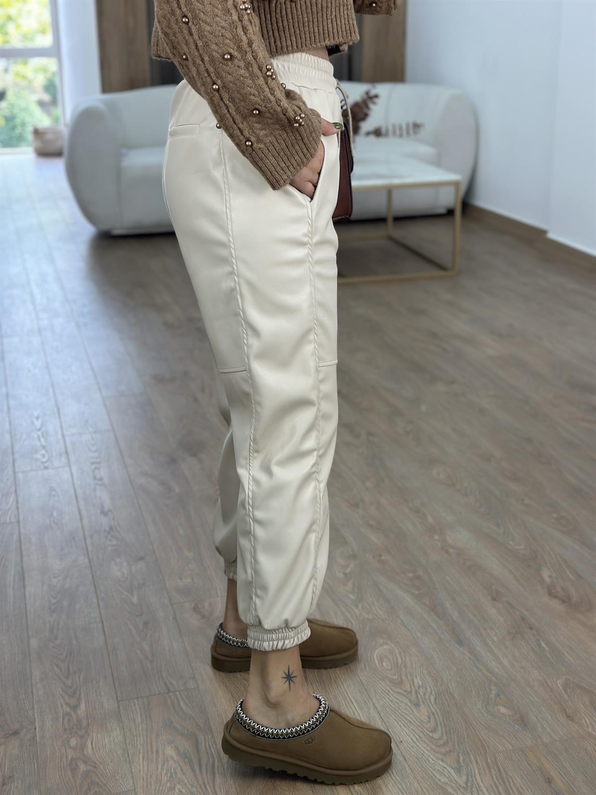 Beli Ve Paçası Lastikli Deri Pantolon-Taş