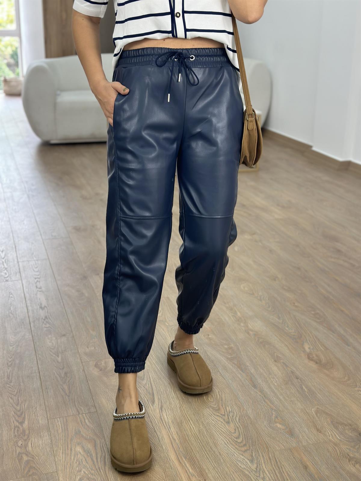 Beli Ve Paçası Lastikli Deri Pantolon-Lacivert