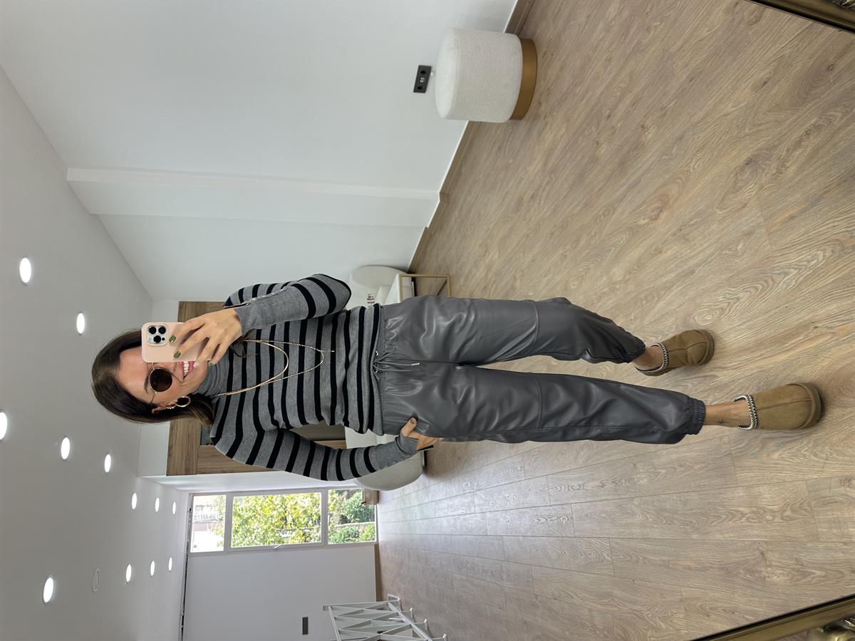 Beli Ve Paçası Lastikli Deri Pantolon-Gri