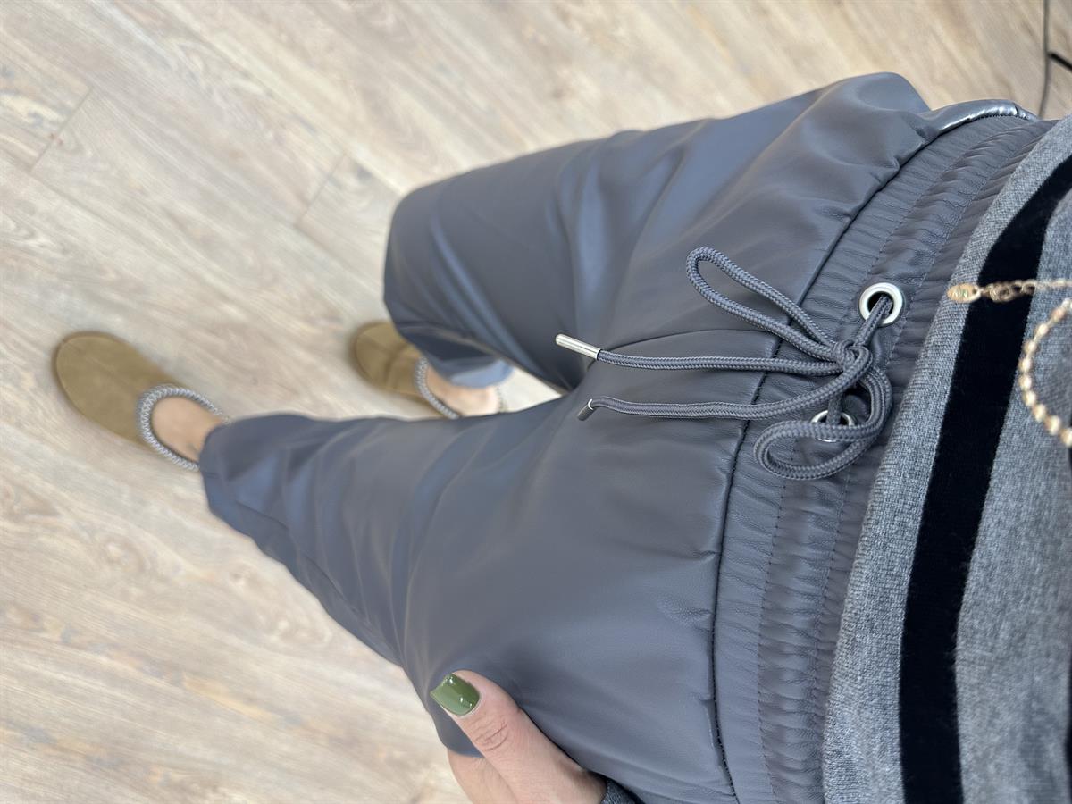 Beli Ve Paçası Lastikli Deri Pantolon-Gri