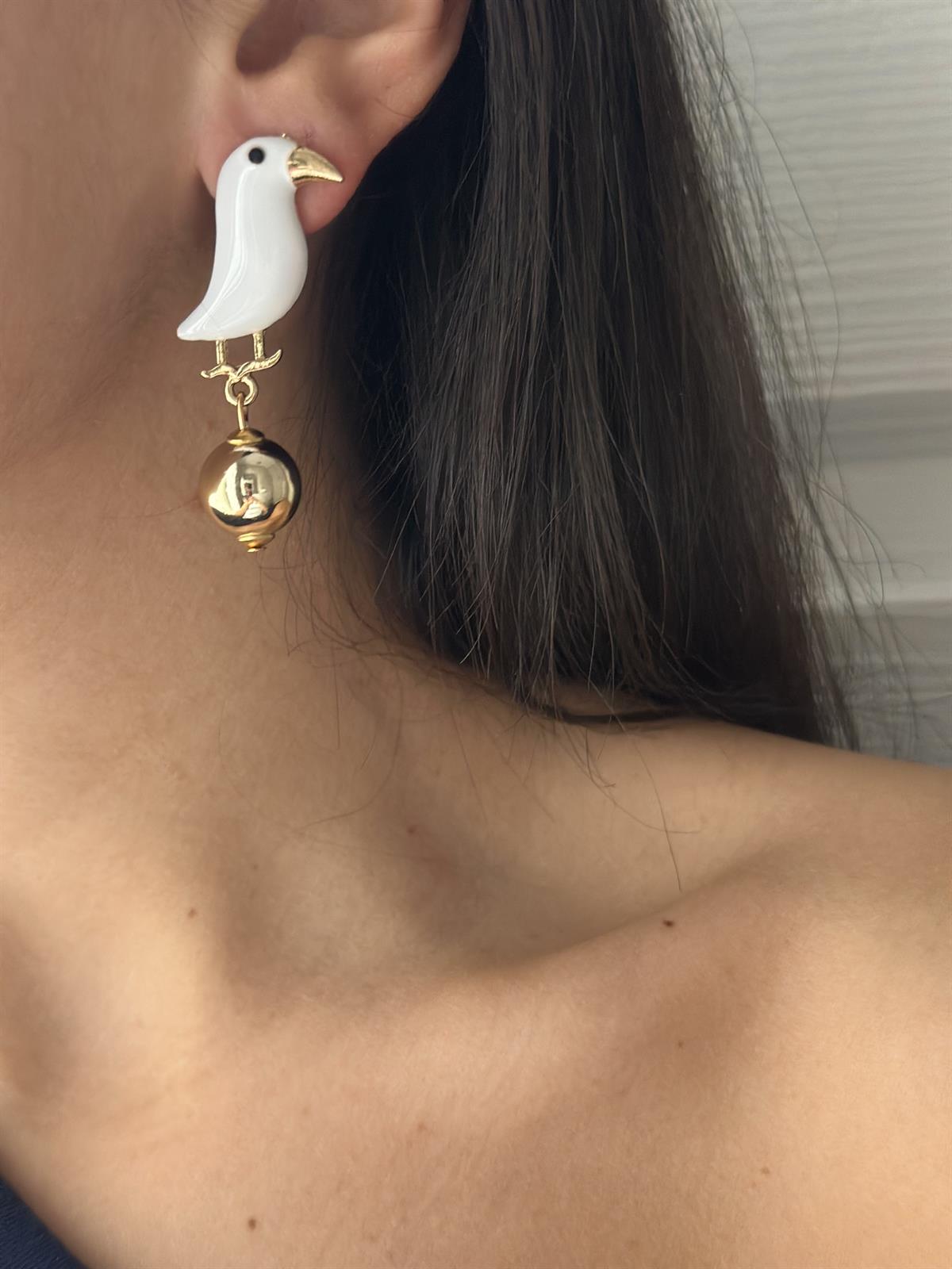 Beyaz Gold Kuş Detay Küpe 5cm
