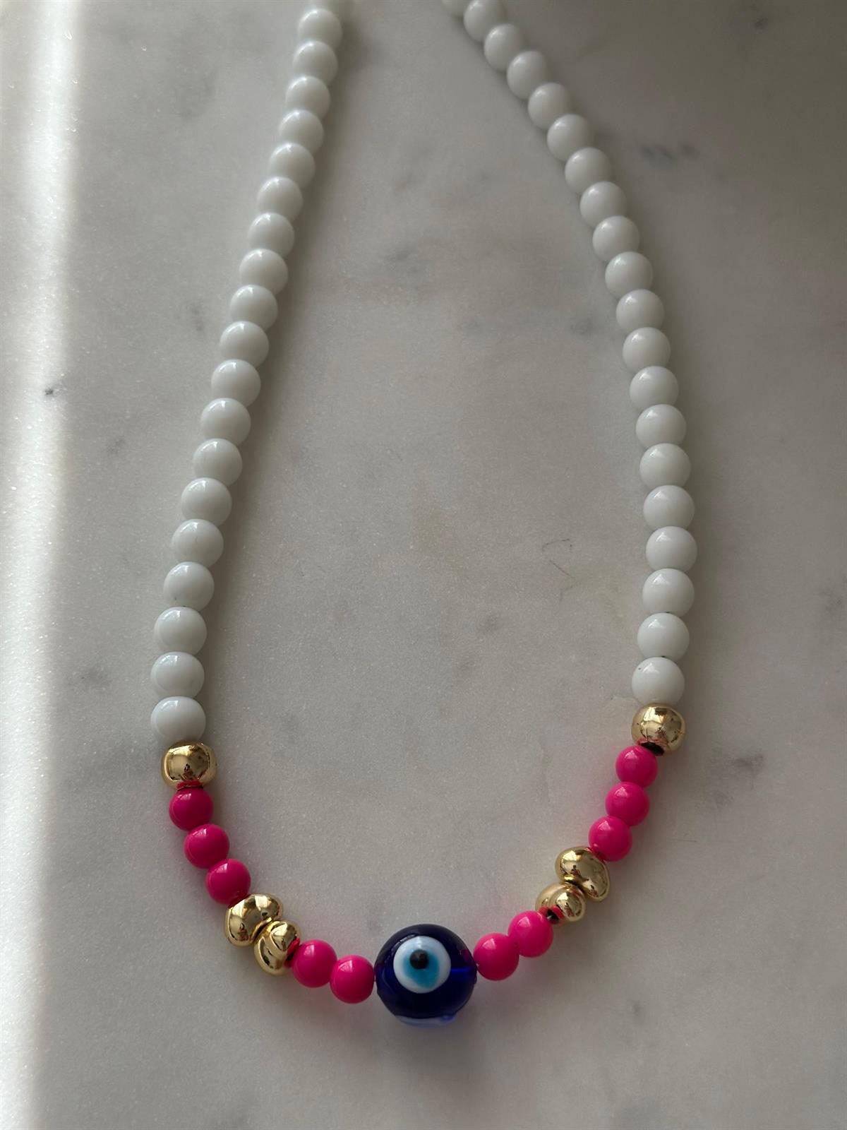 Beyaz Pembe  Nazar Boncuk Detay Kolye