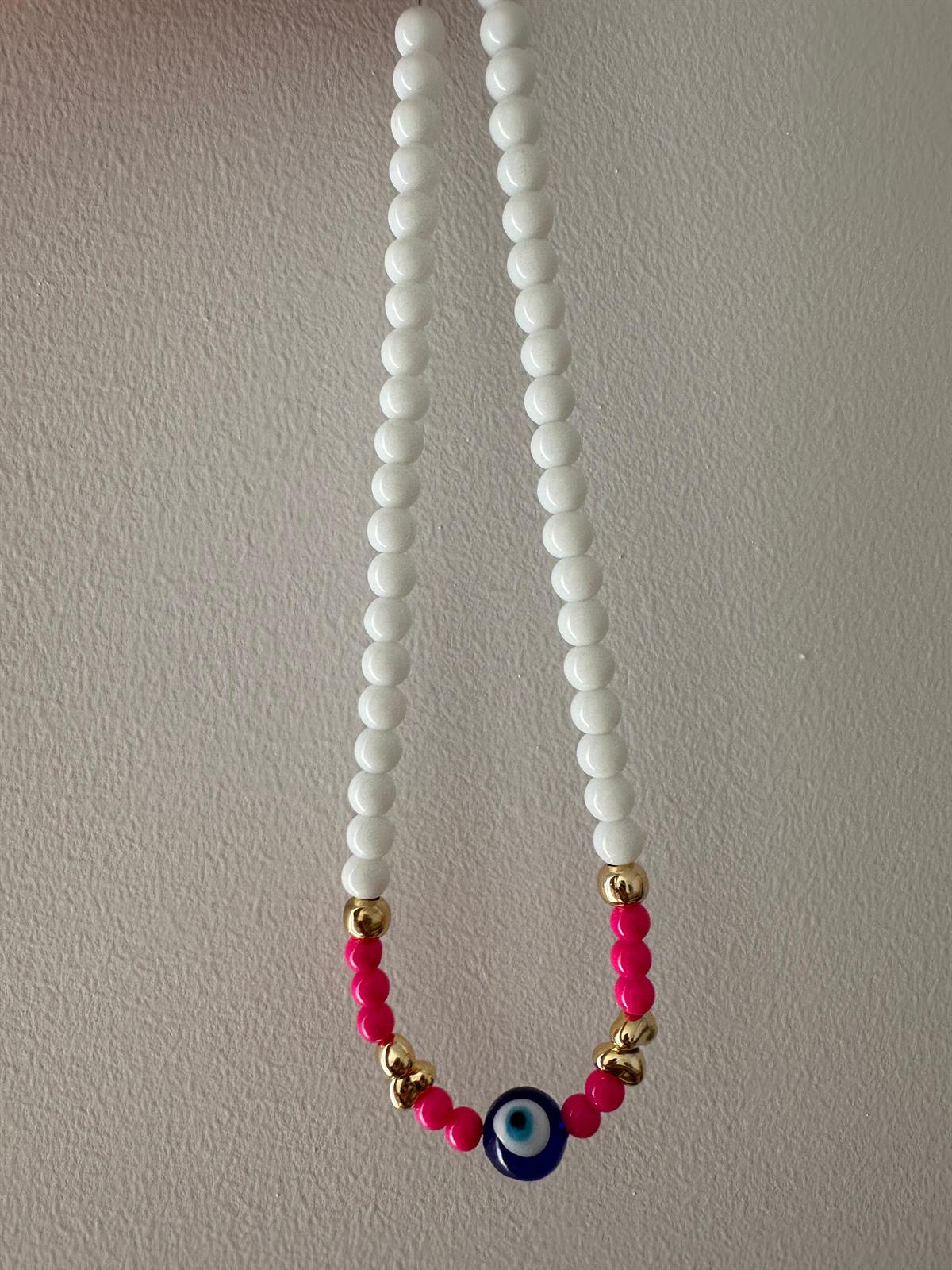 Beyaz Pembe  Nazar Boncuk Detay Kolye