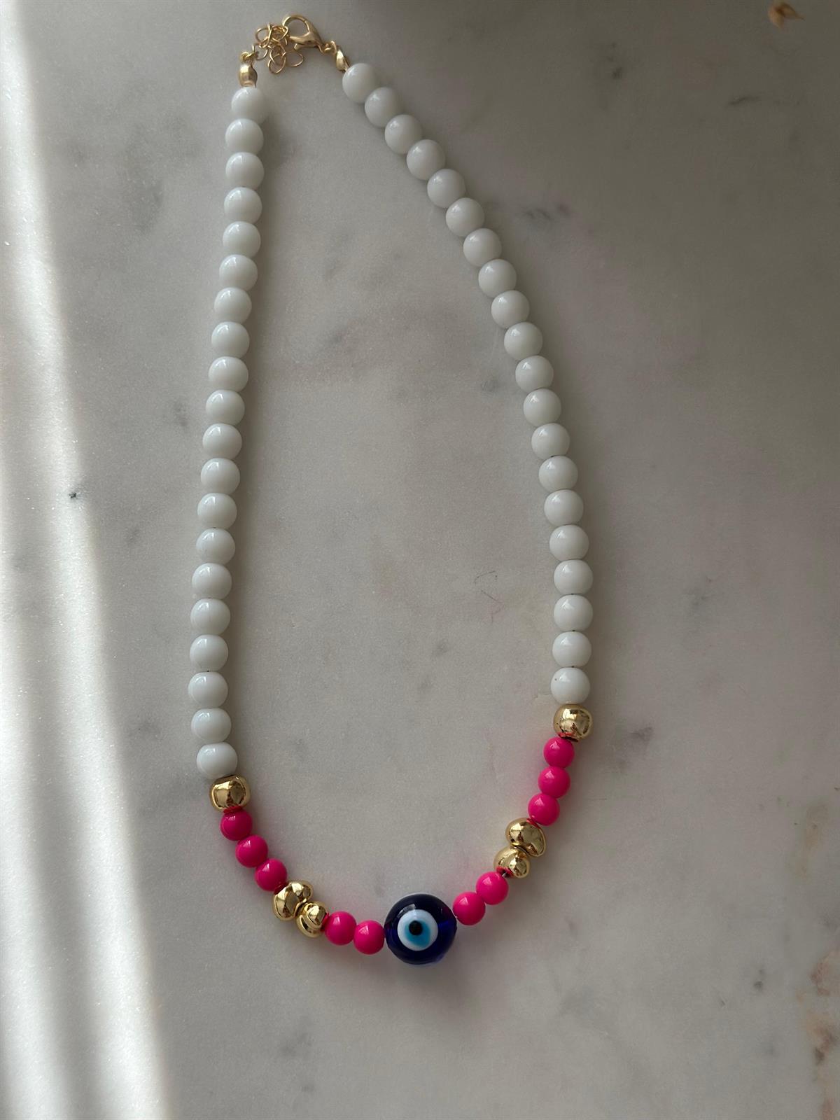 Beyaz Pembe  Nazar Boncuk Detay Kolye