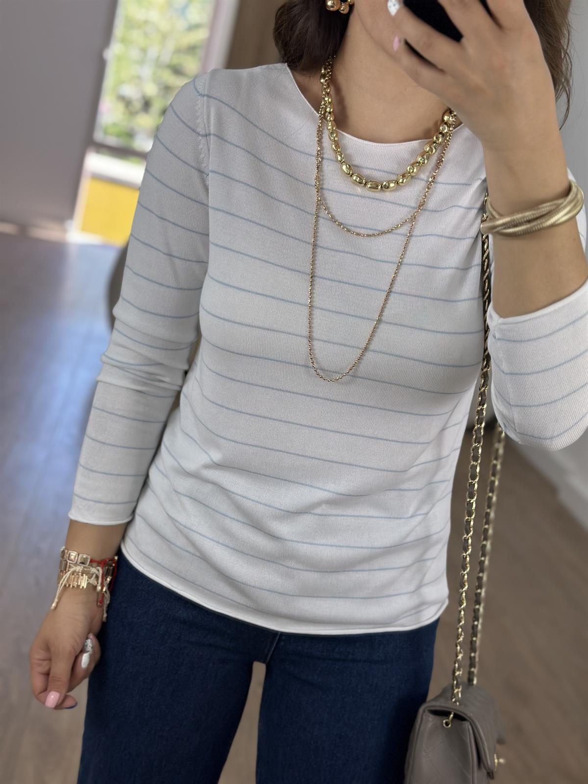 Beyaz Üzeri Mavi Çizgili İnce Merserize Triko