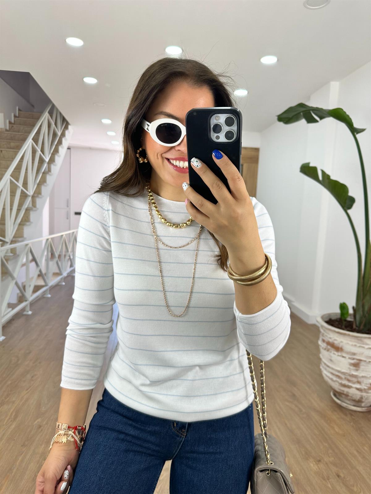 Beyaz Üzeri Mavi Çizgili İnce Merserize Triko