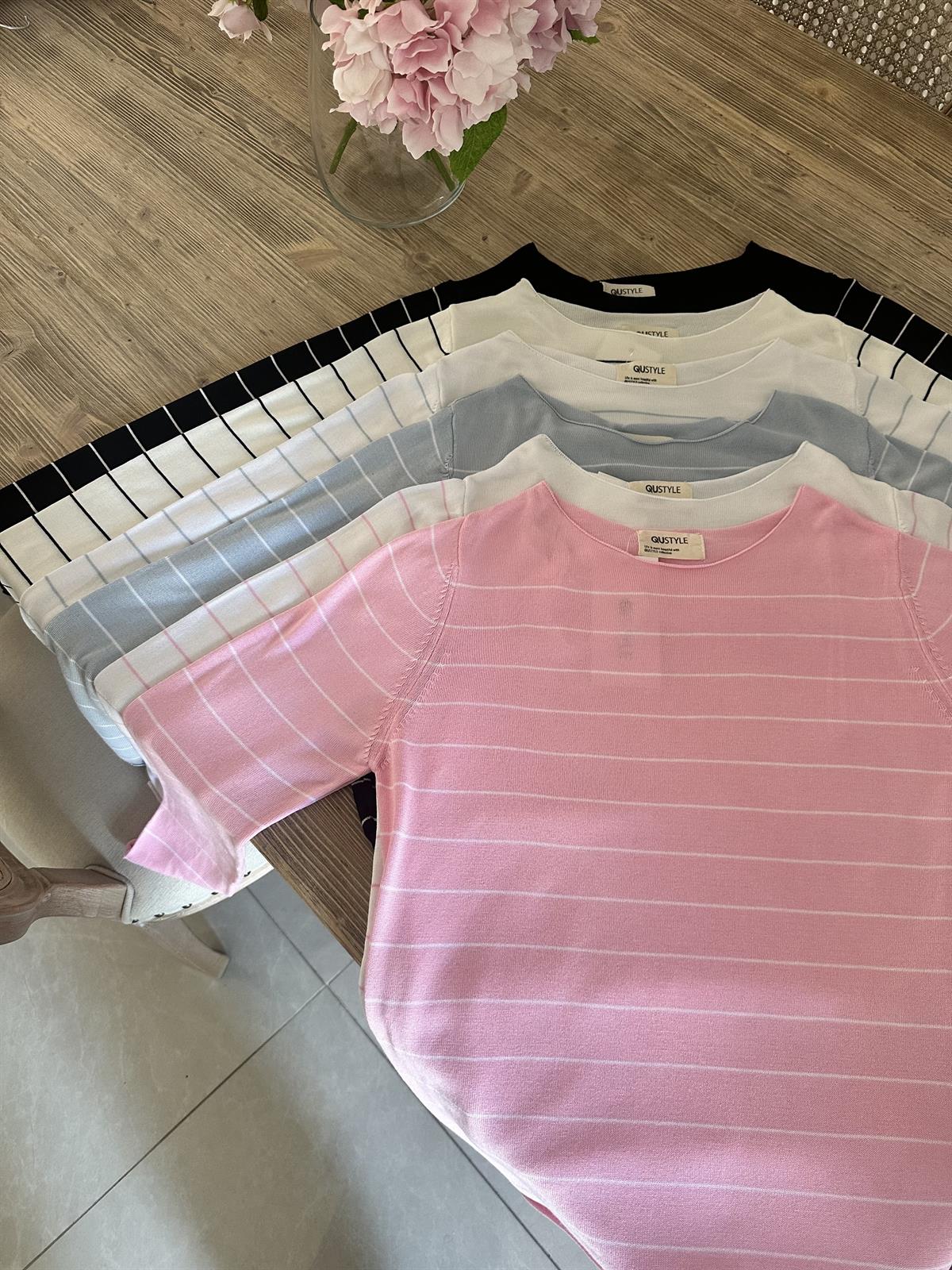 Beyaz Üzeri Pembe Çizgili İnce Merserize Triko