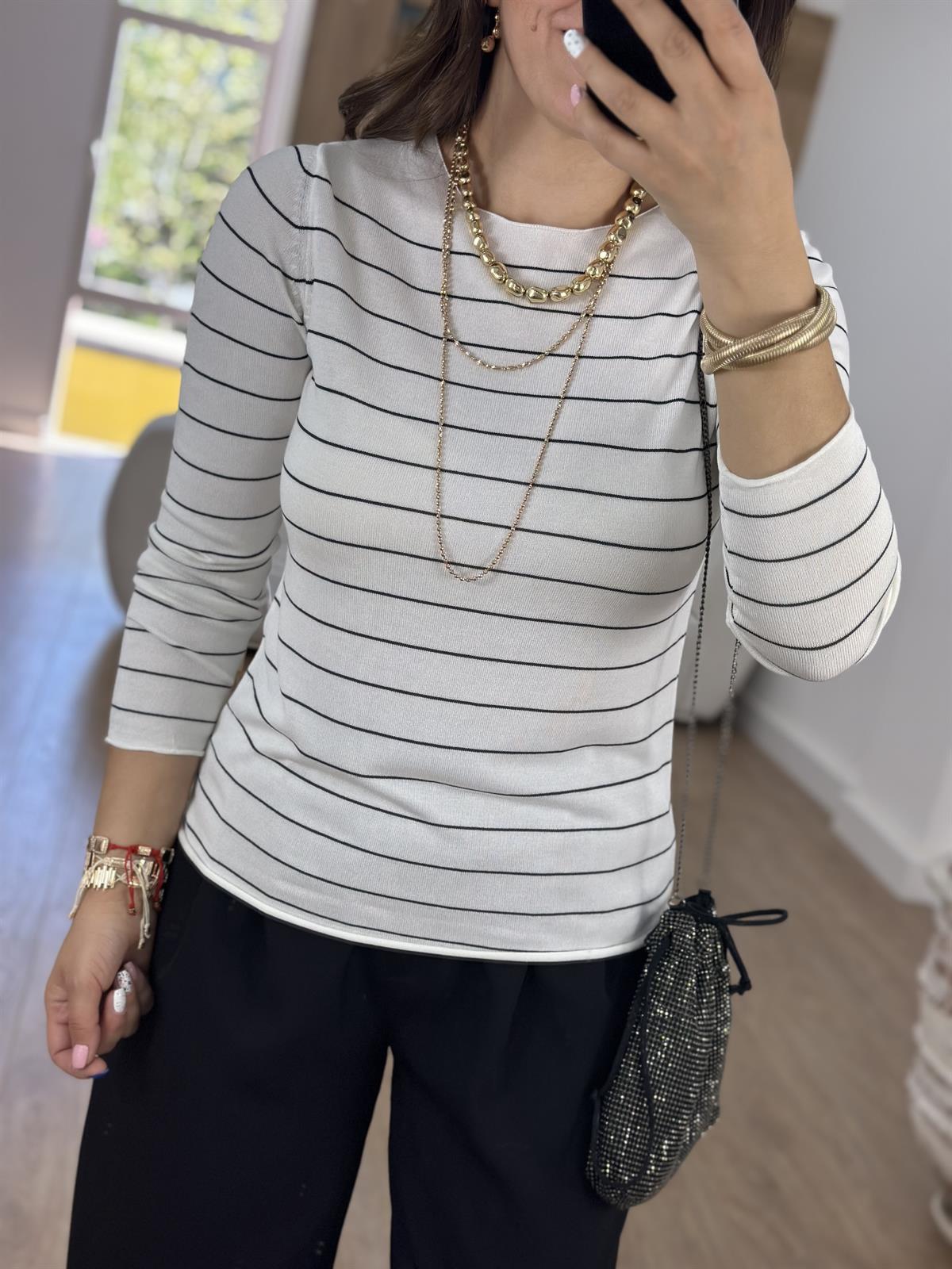 Beyaz Üzeri Siyah Çizgili İnce Merserize Triko