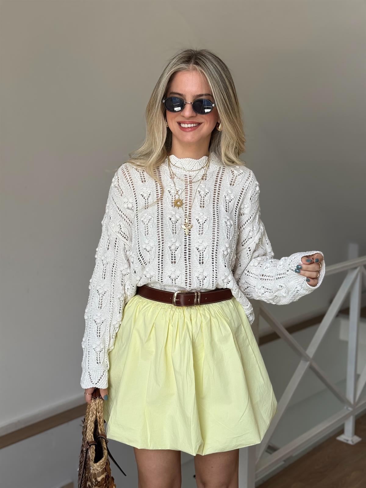 Bisiklet Yaka Ajurlu Triko - Ekru