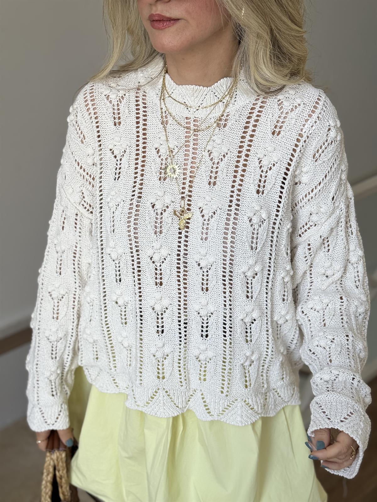 Bisiklet Yaka Ajurlu Triko - Ekru