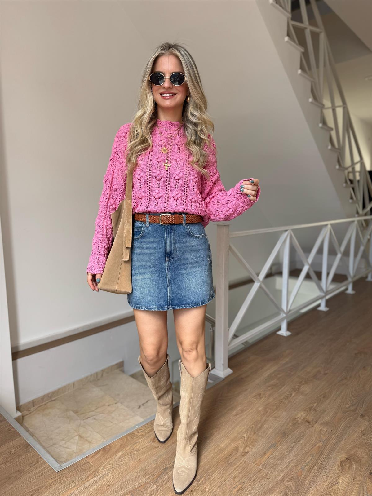 Bisiklet Yaka Ajurlu Triko - Pembe