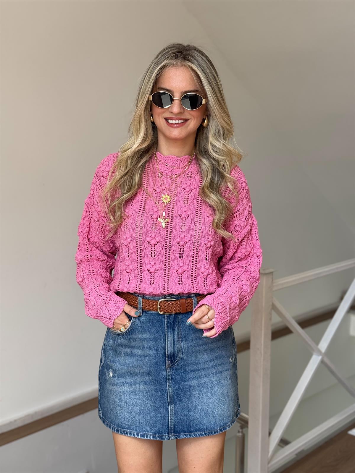 Bisiklet Yaka Ajurlu Triko - Pembe