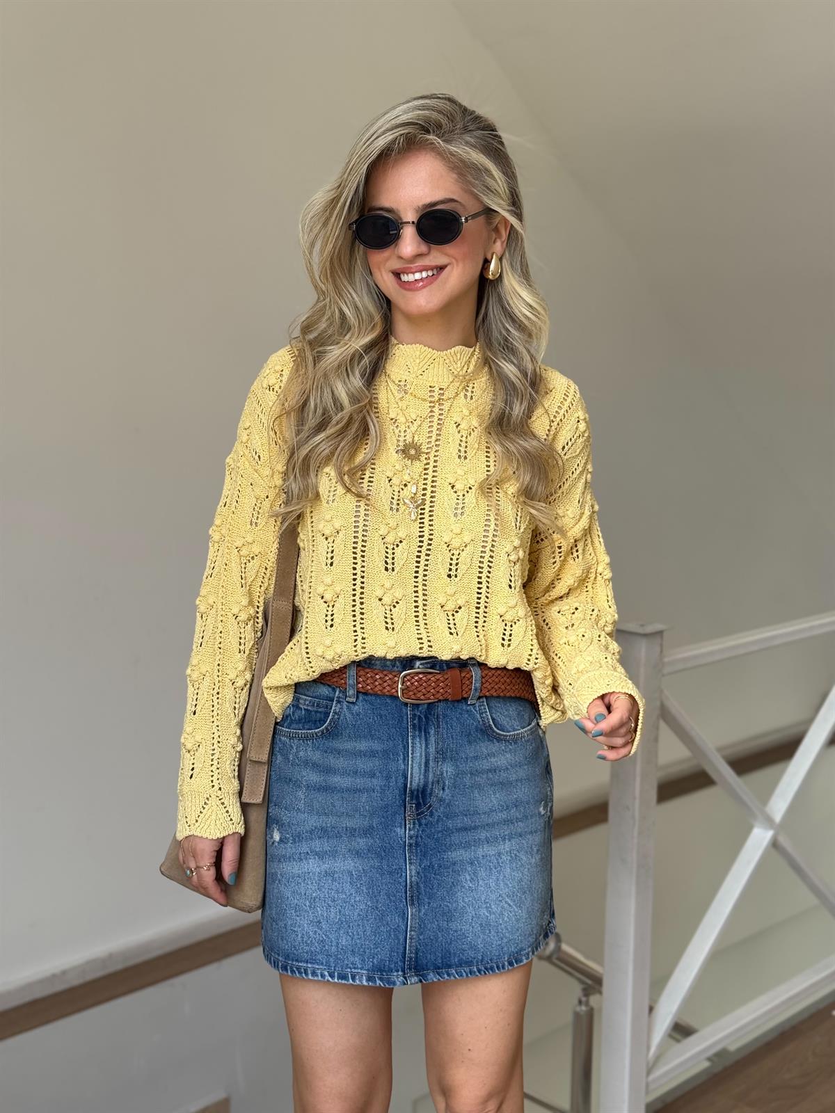 Bisiklet Yaka Ajurlu Triko - Sarı