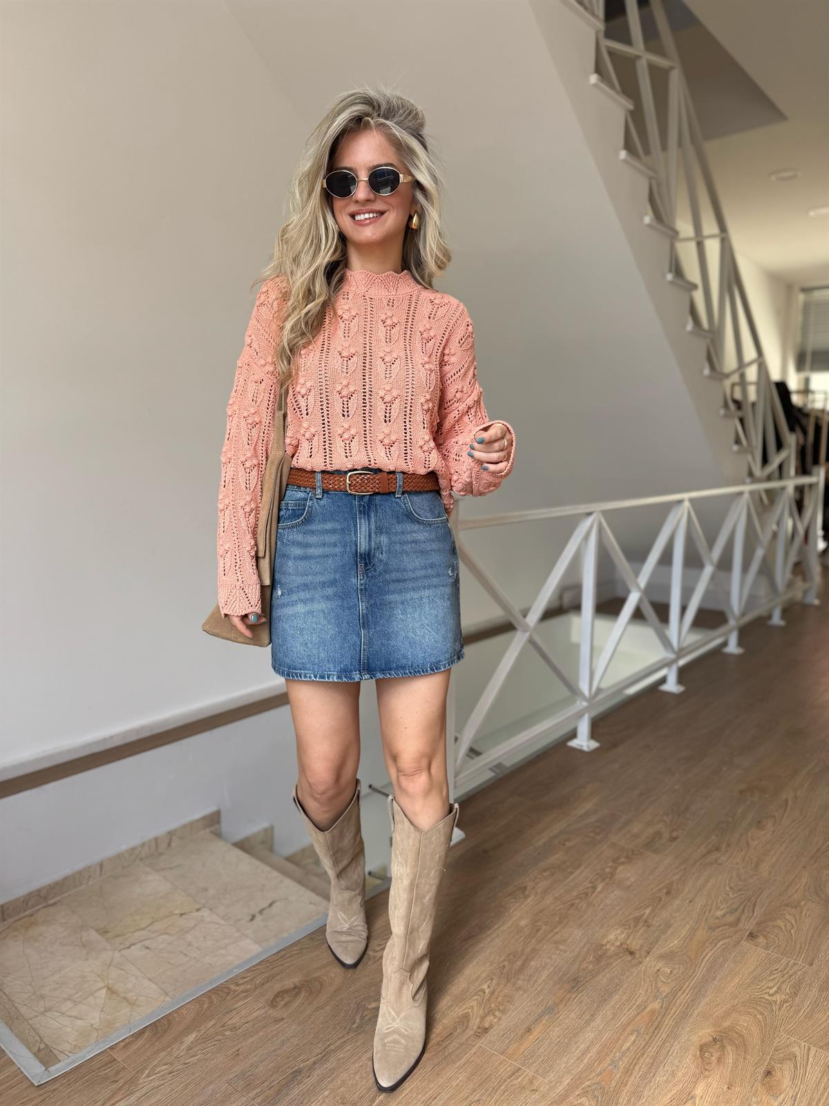 Bisiklet Yaka Ajurlu Triko - Somon