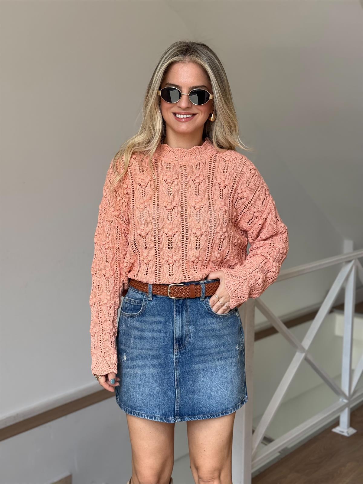 Bisiklet Yaka Ajurlu Triko - Somon