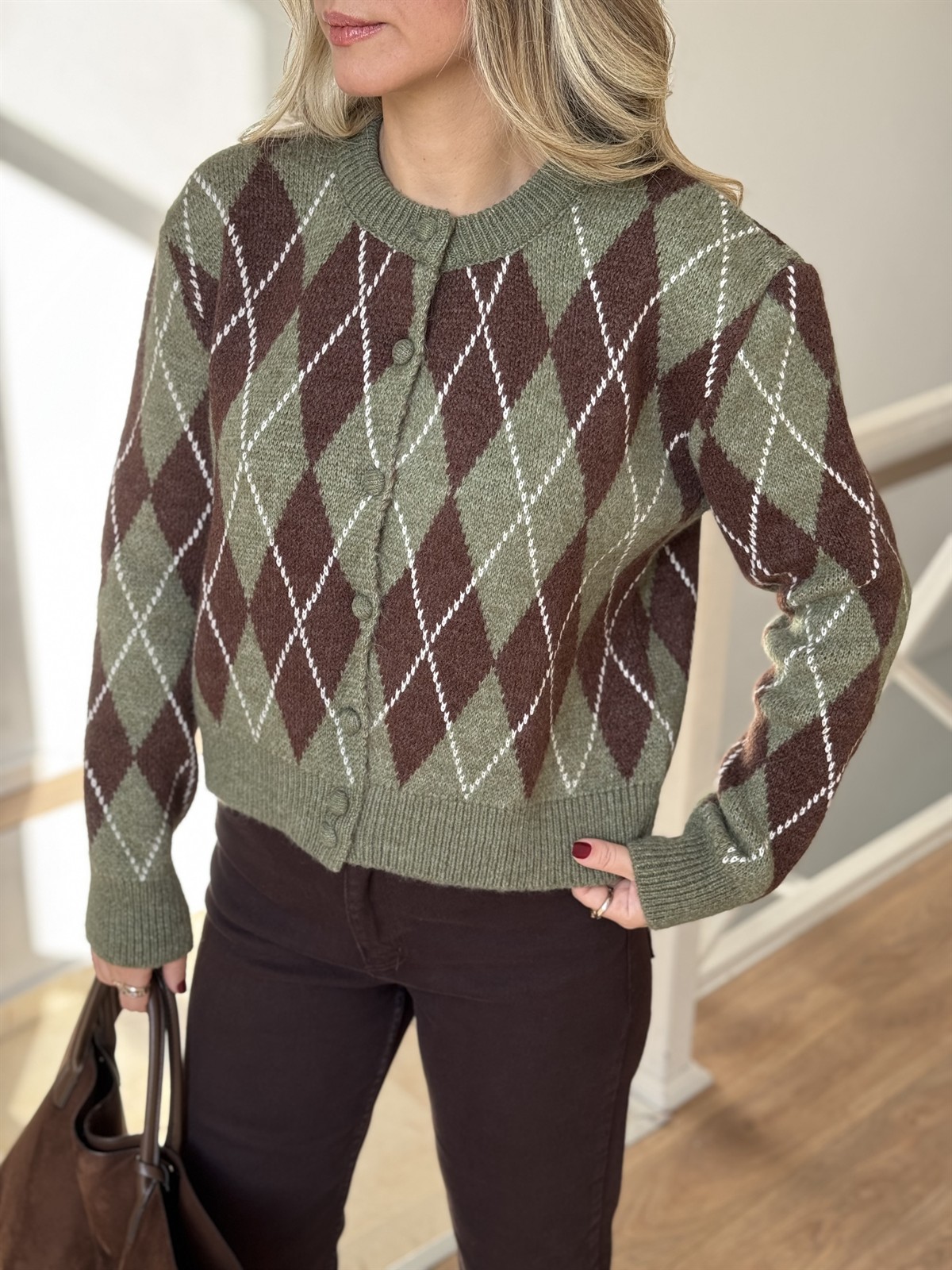 Bisiklet Yaka Baklava Desen Hırka - Haki