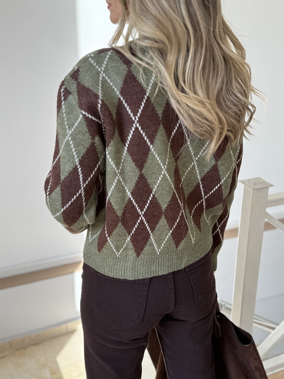 Bisiklet Yaka Baklava Desen Hırka - Haki